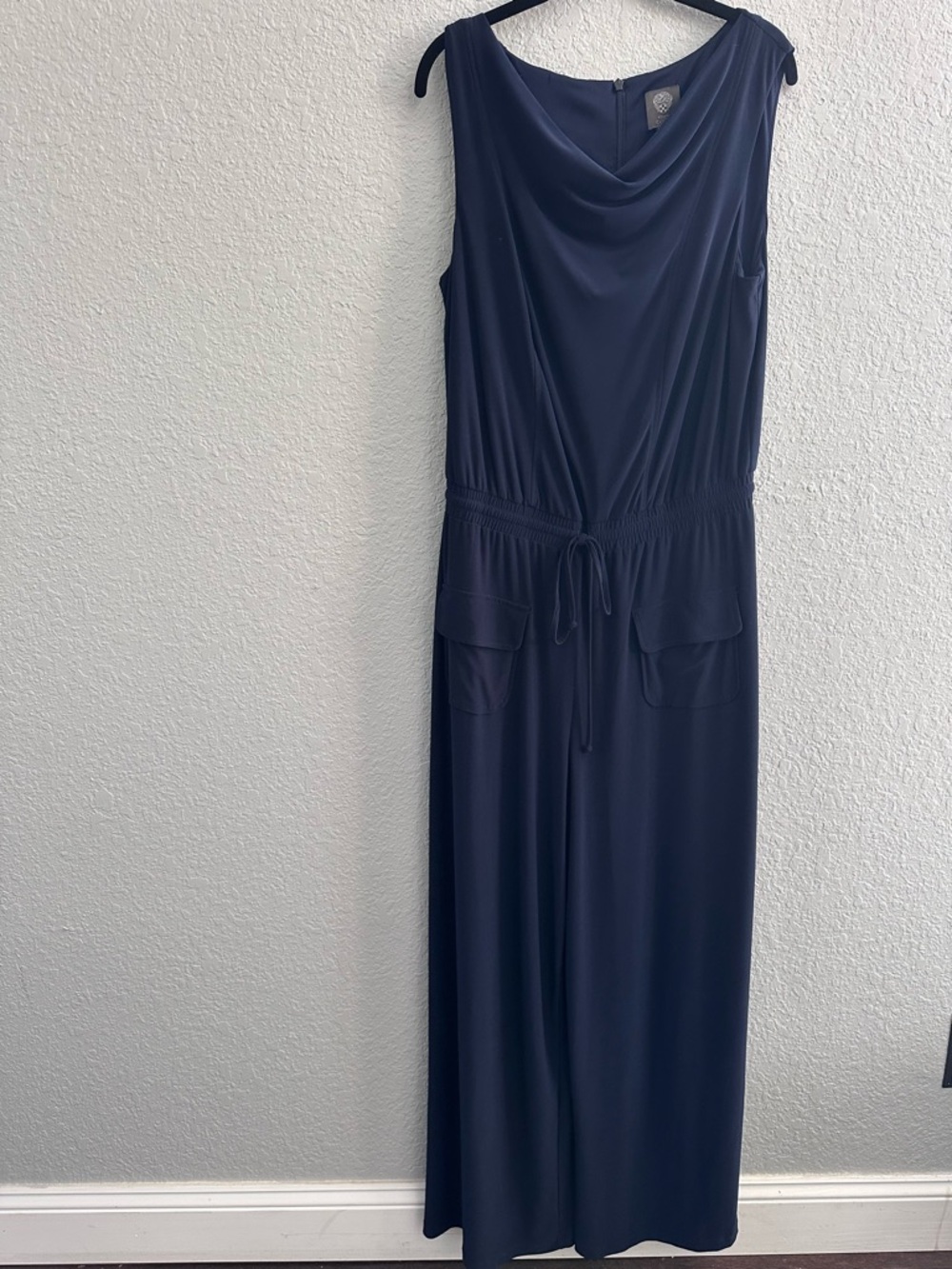 Vince Camuto Navy Sleeveless Jumpsuit Cowl Neck Elastic Waist Wide Leg Pants L - Picture 2 of 12